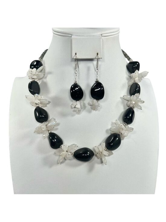 Jewelry - Silver Sheen Obsidian & Moonstone 925 Chunky Beaded Gemstone Necklace & Earrings